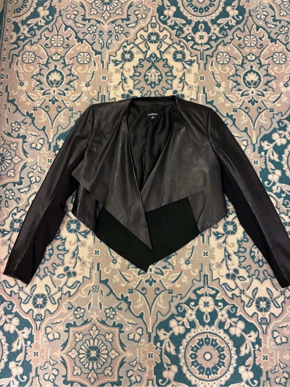 bebe Black Leather Draped Waterfall Cropped Jacket. Women small.